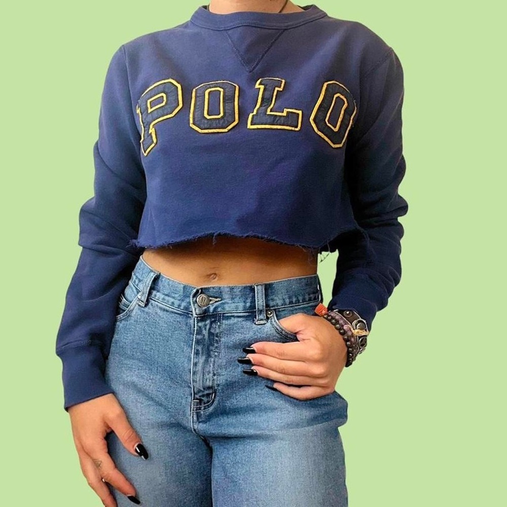 90s Vintage Navy Blue Polo Ralph Lauren Long sleeve crewneck crop top